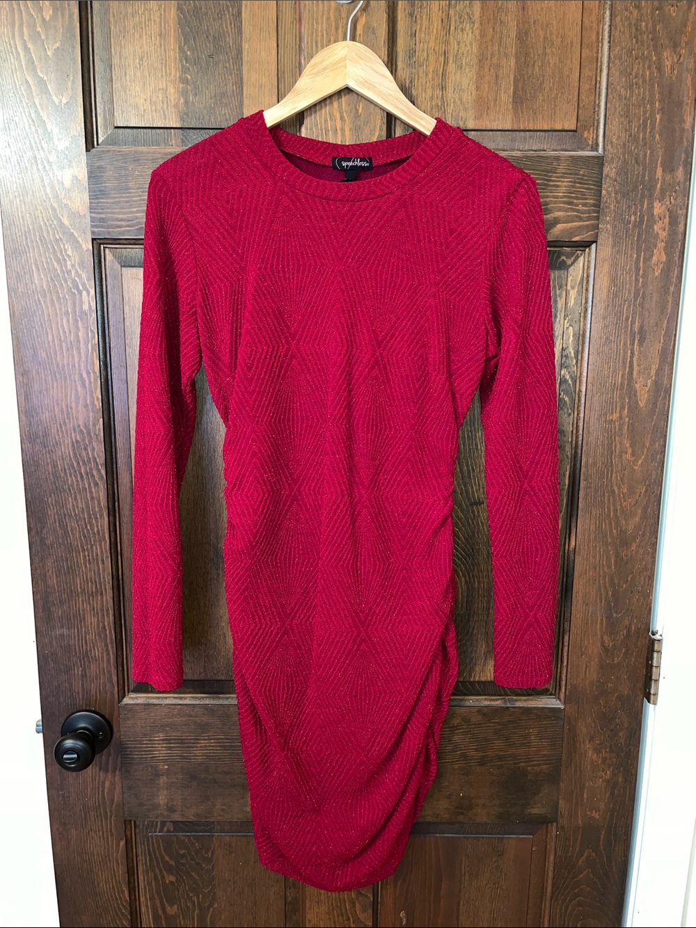 Speechless Sparkly Textured Long-Sleeve Knit Dress with Scrunched Hips